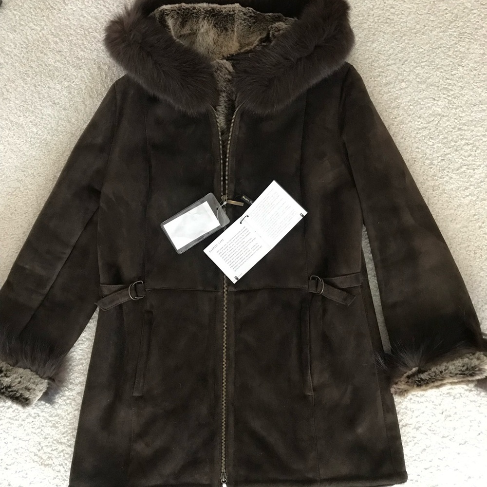 New!Women chocolate brown genuine real fur & suede shearling suede coat jacket S